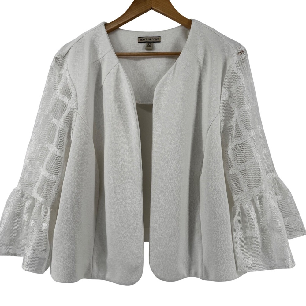Maya Brooke White Open Front‎ Jacket Mesh Grid Bell Sleeve Plus Size 18W Formal